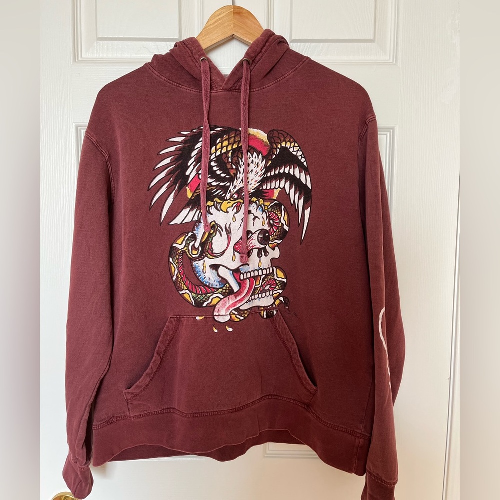 Ed Hardy| Classic eagle and skull maroon hoodie